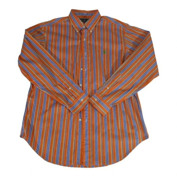 Ralph Lauren Polo Shirt Large Orange Blue Striped Classic Preppy Dress - Picture 1 of 5